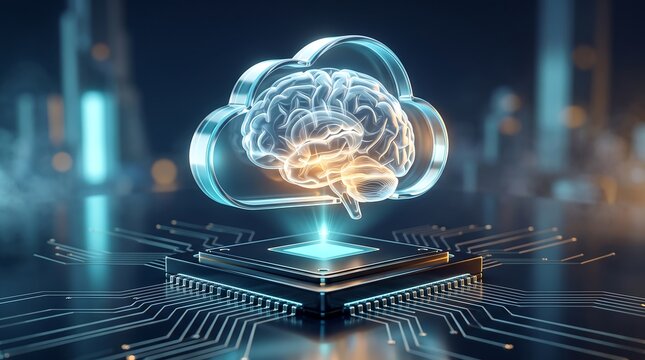 Glowing human brain hologram inside a cloud symbol mounted on a processor chip representing advanced artificial intelligence cloud computing and neural network data processing technology