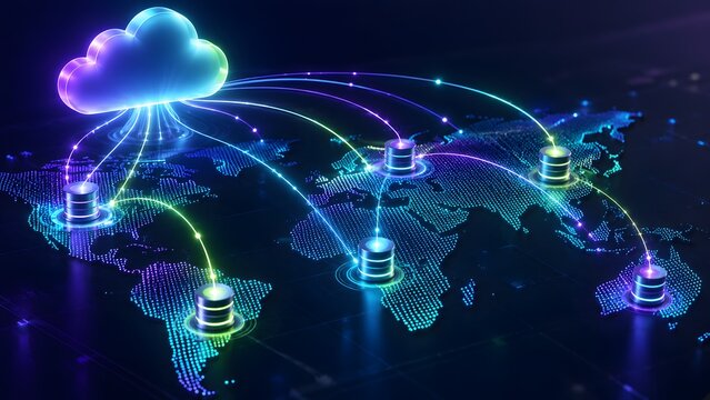 Glowing cloud icon connecting to global server nodes over a digital world map illustrating worldwide data storage and international computing infrastructure
