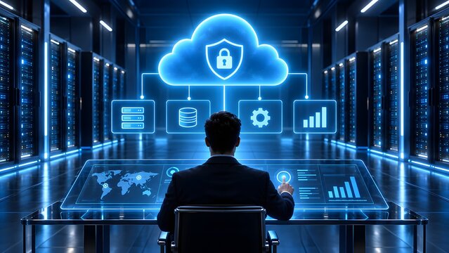 IT administrator working at a holographic dashboard in a server room representing secure cloud management and enterprise network infrastructure monitoring