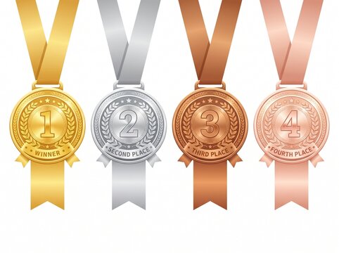 Set of Gold, Silver, Bronze, and Rose Gold Medals for First, Second, Third, and Fourth Place with Laurel Wreaths and Ribbons