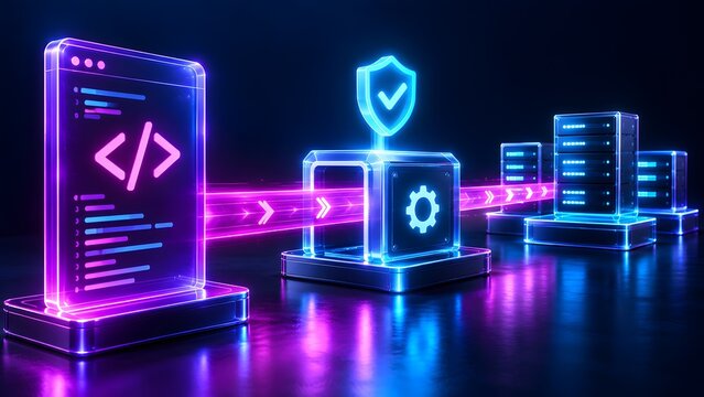 Glowing digital code interface streaming data to a secure gear block and server racks illustrating encrypted software deployment and secure automated enterprise infrastructure
