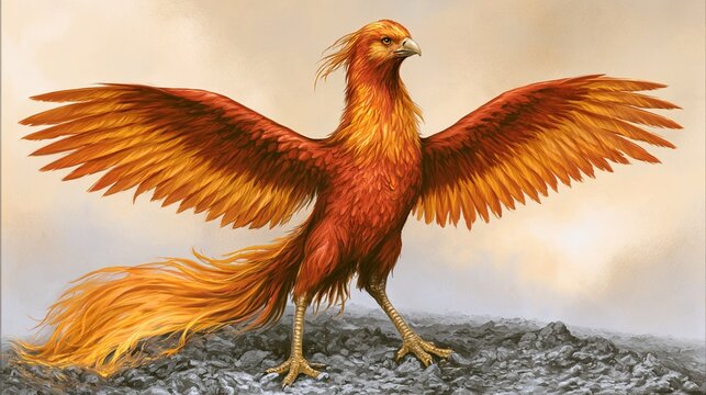 phoenix. Majestic phoenix with fiery plumage rising from grey ashes at dawn. event programs, museum guides, designed for cultural heritage projects and event programs.