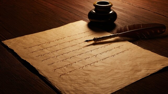 inkwell. Aged parchment with elegant calligraphy, quill and inkwell on wooden desk. event programs, museum guides, designed for cultural heritage projects and event programs, used by brand managers.