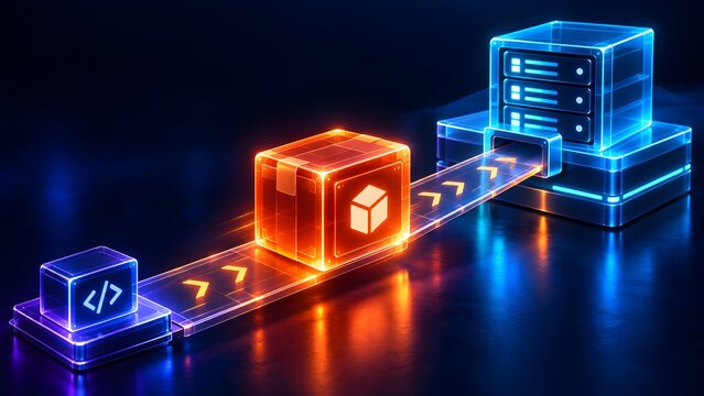 Glowing orange digital package moving on a glass conveyor track from a code block to a server representing automated software deployment and continuous integration workflow