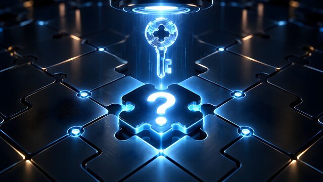 Glowing blue digital key illuminating a missing jigsaw puzzle piece with a question mark representing strategic problem solving and discovering technological solutions
