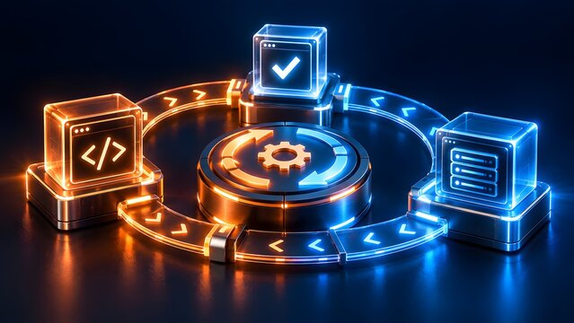 Glowing digital pipeline connecting a code block, verification interface, and server rack illustrating an automated DevOps workflow, software deployment, and continuous integration lifecycle