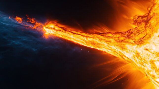 thermosphere. A painterly solar corona explosion with rippling aurora energy cascading toward a small blue planet. STEM education sheets.