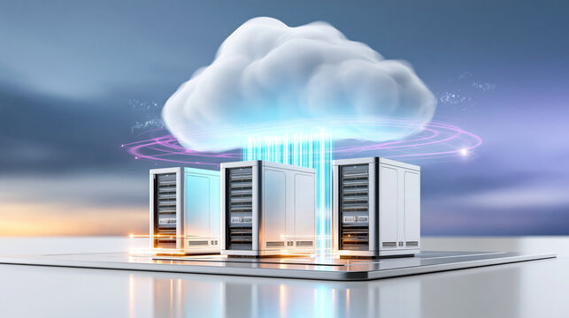 Cloud server rack data center with luminous cloud sync and digital energy transfer creating futuristic connectivity and calm mood