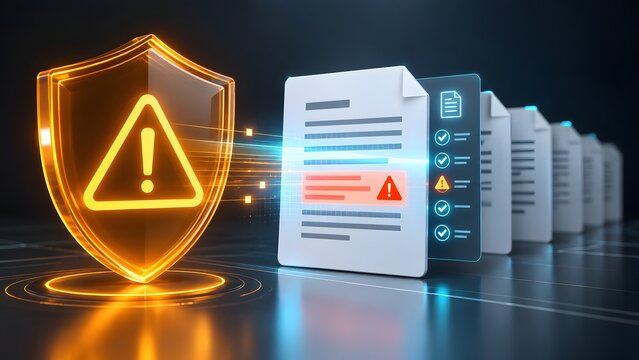 Glowing orange warning shield scanning digital documents illustrating cybersecurity threat detection and data risk management
