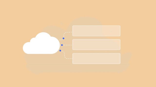 Flat vector animation showing cloud automation with settings, robot, and lightning icons connected through a digital interface on a soft orange background.