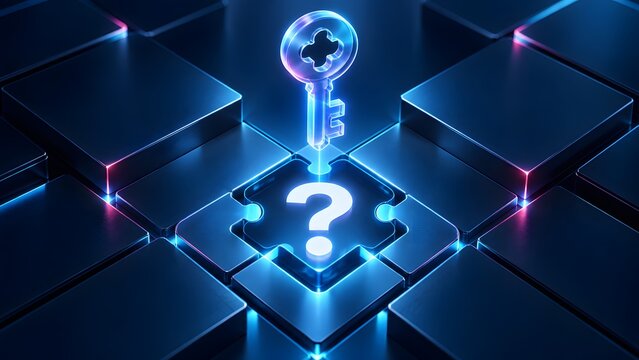 Glowing blue digital key entering a puzzle piece with a question mark on a dark grid platform symbolizing problem solving and technological solution discovery