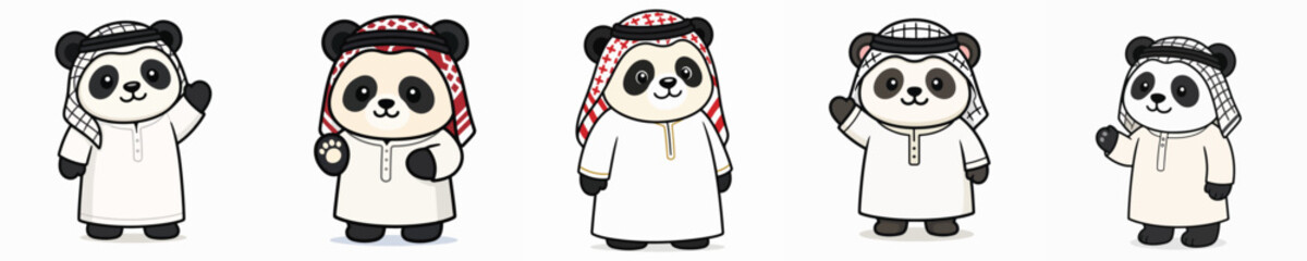 A set of cute panda vectors in a standing pose, wearing a traditional Arab thawb complete with a keffiyeh. © Monte Carlo