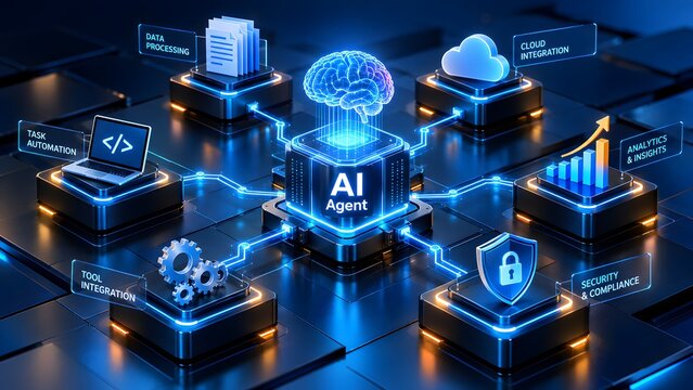 AI agent core connecting specific modules for data processing, cloud integration, analytics, security, tool integration, and task automation illustrating comprehensive business system workflow
