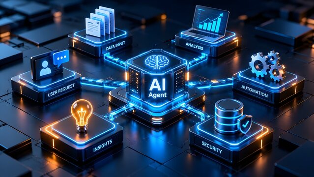 Artificial intelligence agent processing workflow hub with labeled functional nodes representing automated data analysis and smart enterprise solutions