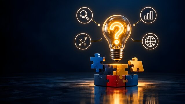 Bright lightbulb featuring a question mark on scattered puzzle pieces with tactical and growth icons representing corporate strategy building and innovative business solutions