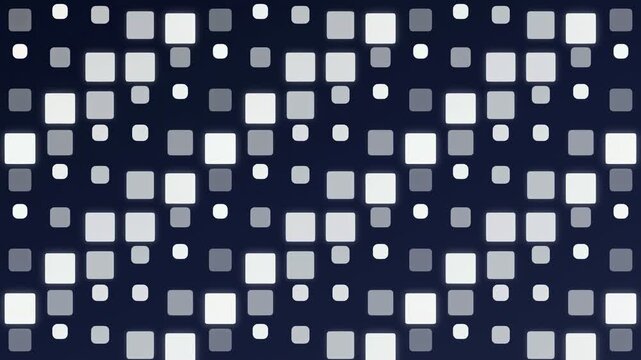 Abstract digital background with flickering white and grey square pixels on a dark blue backdrop