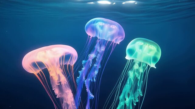 Glowing neon jellyfish drifting through deep ocean, featuring luminous bioluminescent tentacles, surrounded by crystal clear and blue water, 4K video