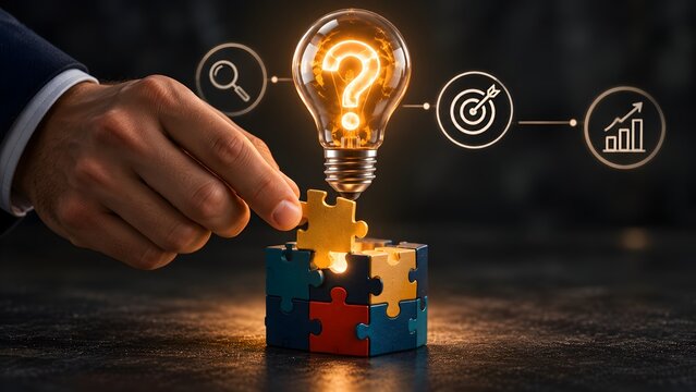 Businessman hand completing a puzzle block with a glowing question mark lightbulb representing strategic problem solving and innovative business solutions