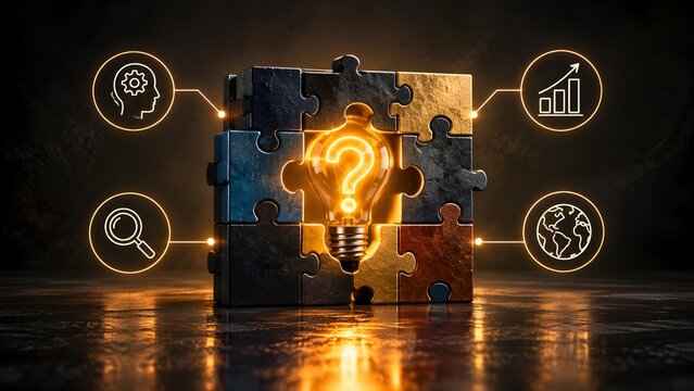 Glowing lightbulb with a question mark embedded in a puzzle block connected to digital icons symbolizing global business strategy and complex problem solving