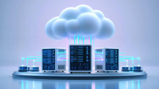 Futuristic cloud computing network with servers linked to glowing cloud, neon data streams and modern data center atmosphere