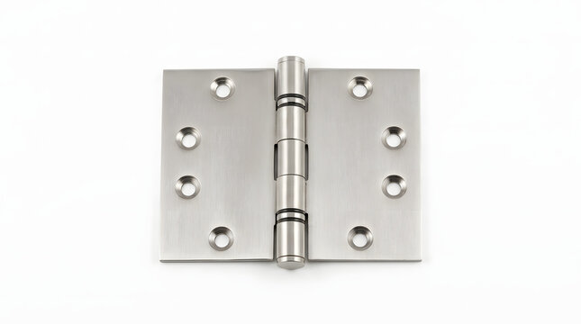Brushed stainless steel door hinge isolated on a white background with countersunk screw holes
