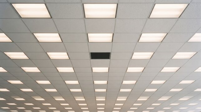 Illuminated Office Drop Ceiling Grid with Fluorescent Light Panels and One Unlit Fixture