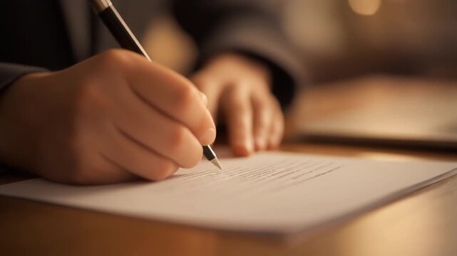 Close-Up of Hand Signing Blank Document with Pen on Wooden Desk, Soft Warm Office Light, Business Contract and Agreement Concept, Vertical