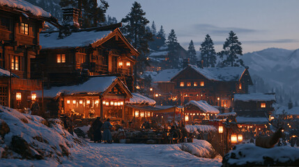 Obraz premium Snowy alpine village at night with warmly lit wooden chalets, pine forest and snow covered mountains, magical Christmas winter holiday scene