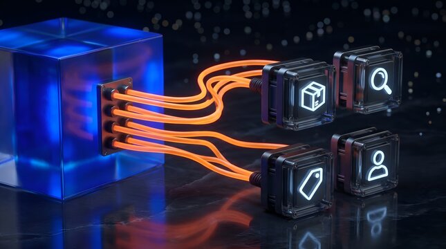 Realistic E-commerce Data Distribution Hub Connected By Glowing Fiber Optics