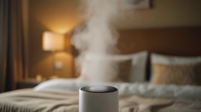 Soft White Mist Gently Rising from Humidifier in Cozy Bedroom, Warm Ambient Light, Calm Home Wellness and Air Care Background