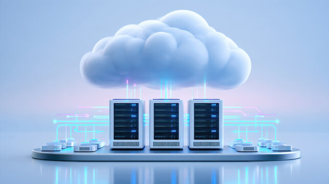 Cinematic futuristic cloud computing concept with server racks connected to glowing cloud, neon data flow and technology ambiance
