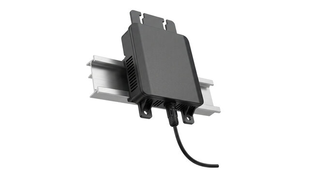 Industrial DIN rail mounted power supply, black electronic control module on metal mounting track, professional electrical automation hardware isolated PNG with Transparent Background