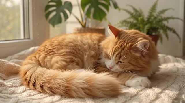 A fluffy ginger cat sleeping peacefully on a cozy knitted blanket near a sunny window with green houseplants