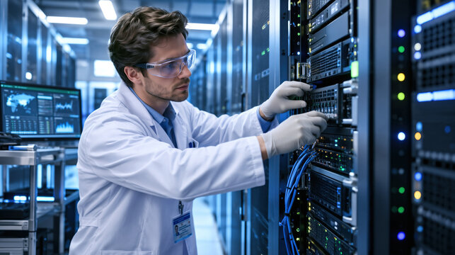 Man in lab coat and safety goggles connecting cables in modern server rack with monitoring screens and blue lighting, focused technical atmosphere