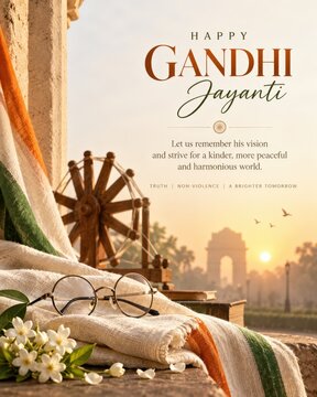 Happy Gandhi Jayanti: India Gate, Spinning Wheel, and Glasses