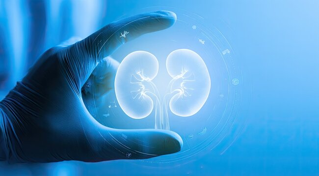 Glowing human kidney model held by a gloved hand, surrounded by blue light