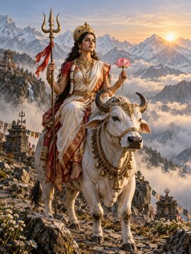 Goddess Durga on Bull with Trident and Lotus Flower
