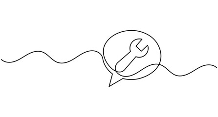 Obraz premium Speech bubble with wrench tool continuous one line drawing minimalist communication chat message vector with editable stroke
