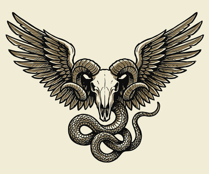 Vintage Hand Drawn Ram Skull With Wings And Coiled Snake Illustration