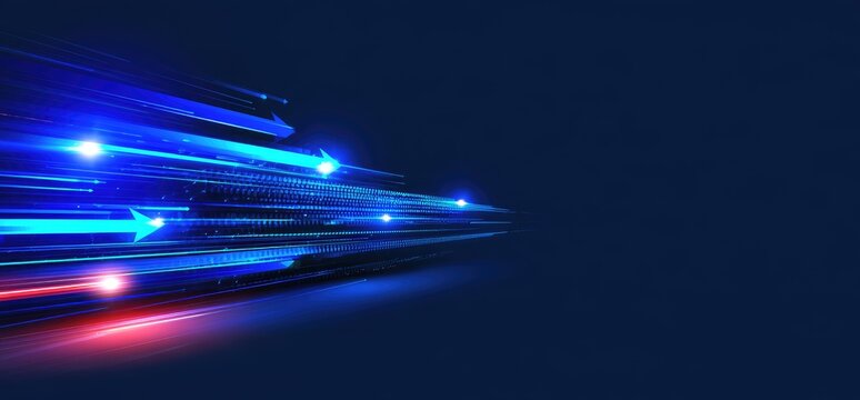 Abstract blue and red light trails with arrow shapes convey speed and data flow
