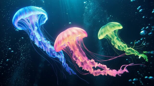 Glowing neon jellyfish drifting through deep ocean, featuring luminous bioluminescent tentacles, surrounded by crystal clear and blue water, 4K video