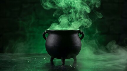 Obraz premium Black cauldron with green smoke rising from it creating a magical mystical atmosphere for Halloween or fantasy settings.
