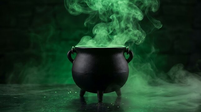 Black cauldron with green smoke rising from it creating a magical mystical atmosphere for Halloween or fantasy settings.
