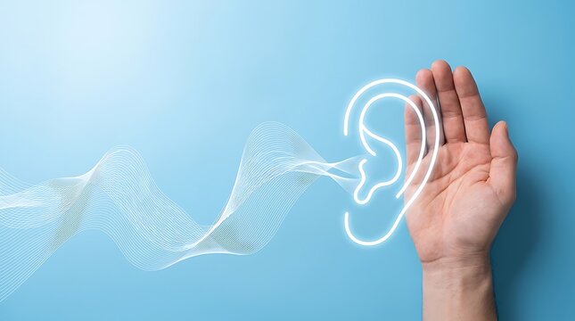 A hand cupped behind a neon glowing ear outline receives flowing wave soundwaves on light blue background representing hearing loss therapy or ear care.