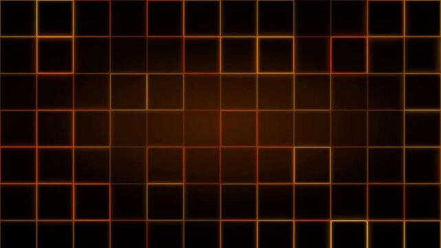Abstract digital grid background with glowing orange and red squares on dark black backdrop