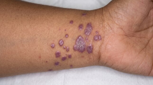 Lichen planus violaceous polygonal flat-topped papules on patient wrist skin