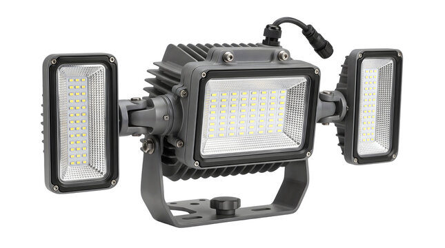 Industrial LED floodlight with adjustable triple heads, heavy duty outdoor security light, waterproof grey metal exterior lighting fixture on white background