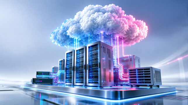 Cloud server rack with neon data streams and glowing cloud above, futuristic data center concept with dynamic cinematic lighting and vibrant color