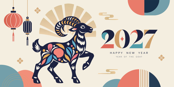 2027 Year of the Goat Chinese New Year Banner with Modern Geometric Folk Art Design