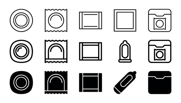 Collection of condom package and dispenser icons in clean line art style on white background